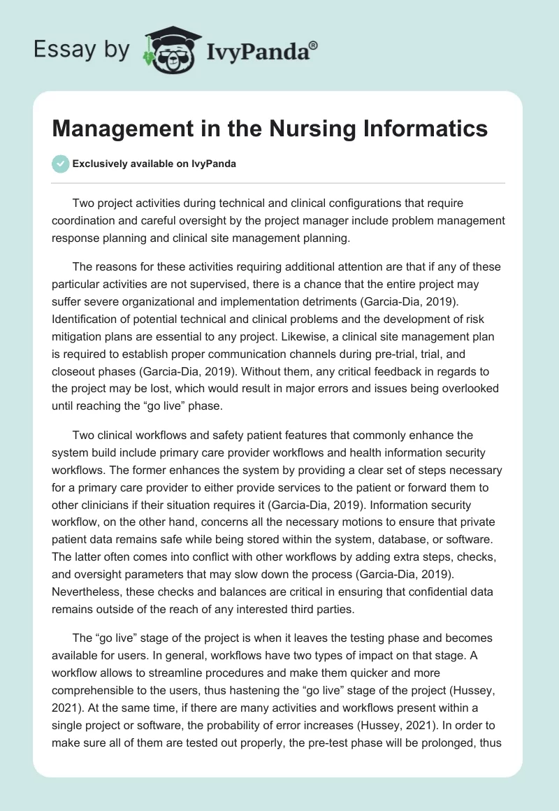 Management in the Nursing Informatics. Page 1