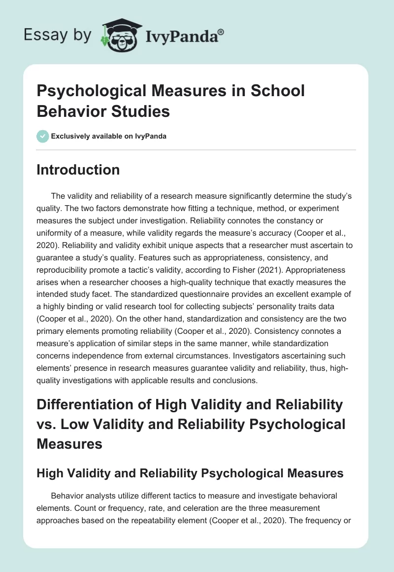 Psychological Measures in School Behavior Studies. Page 1