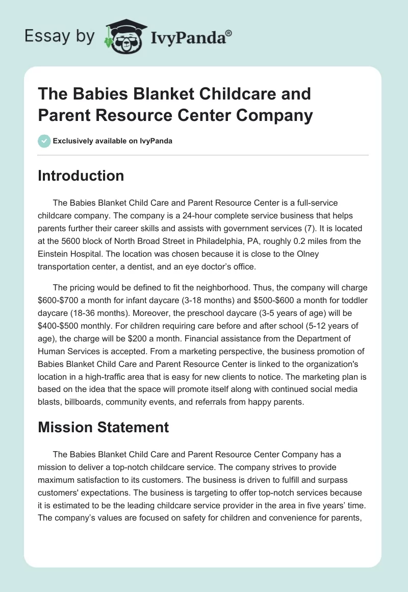 The Babies Blanket Childcare and Parent Resource Center Company. Page 1