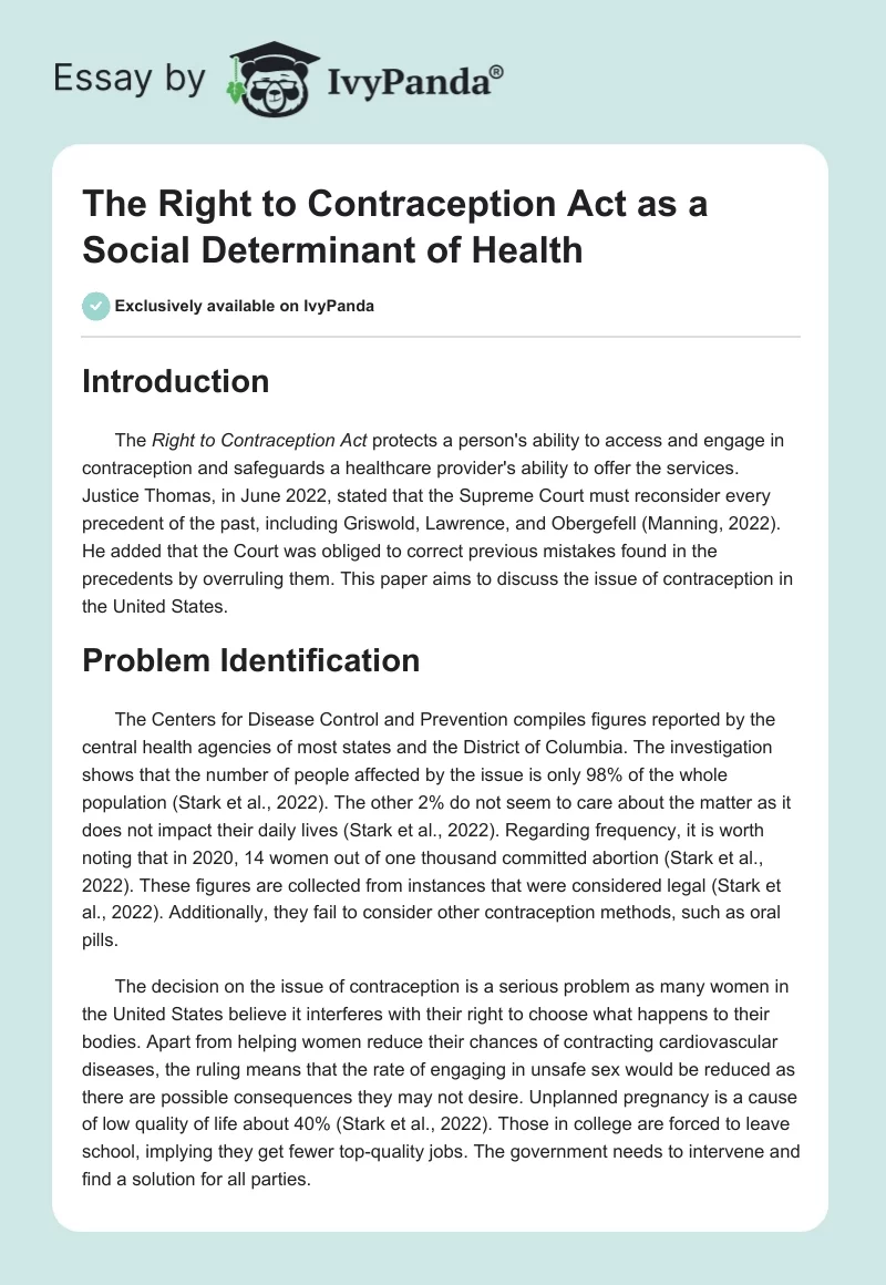 The Right to Contraception Act as a Social Determinant of Health. Page 1