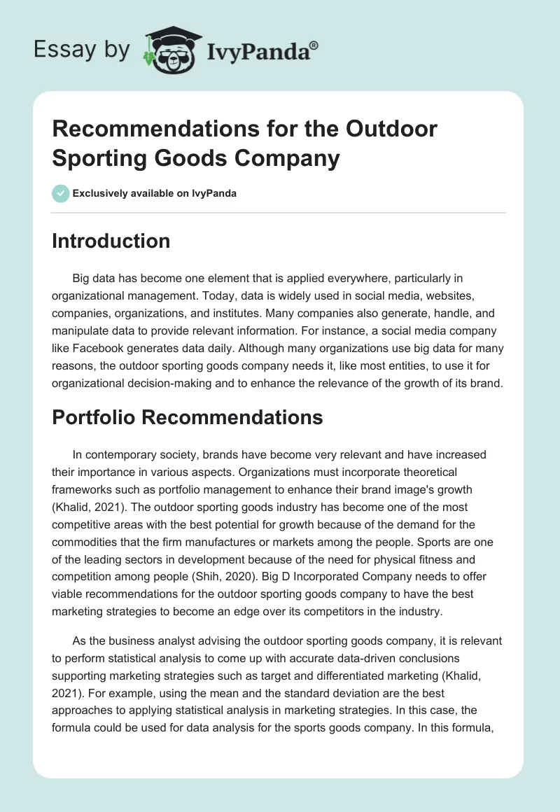 Recommendations for the Outdoor Sporting Goods Company. Page 1