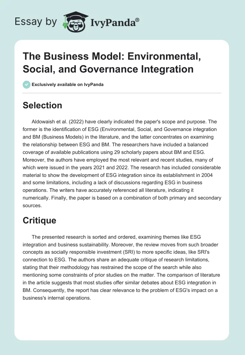 The Business Model: Environmental, Social, and Governance Integration. Page 1