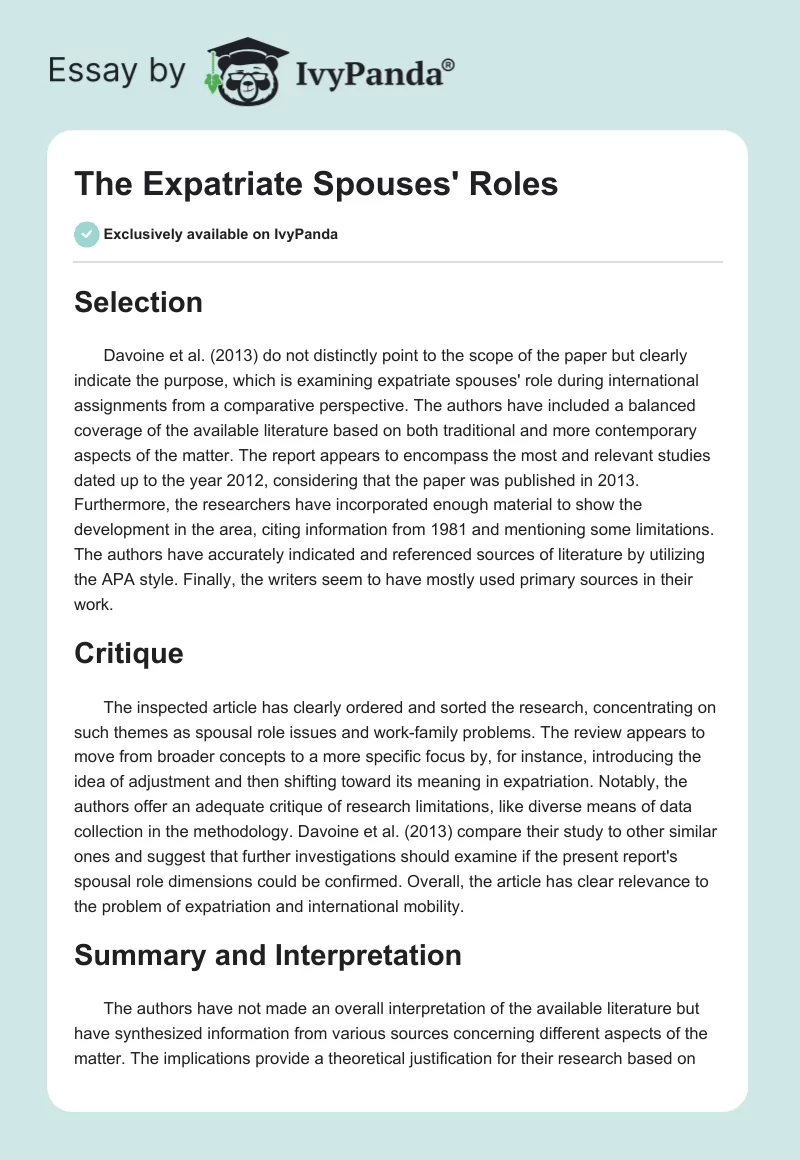 The Expatriate Spouses' Roles. Page 1