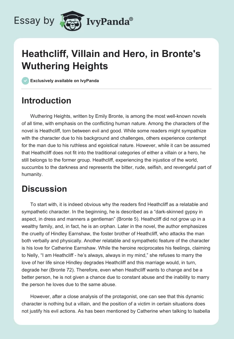 Heathcliff, Villain and Hero, in Bronte's Wuthering Heights. Page 1