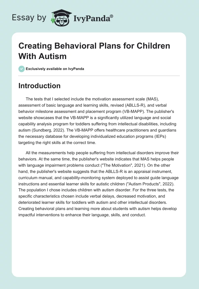 Creating Behavioral Plans for Children With Autism. Page 1
