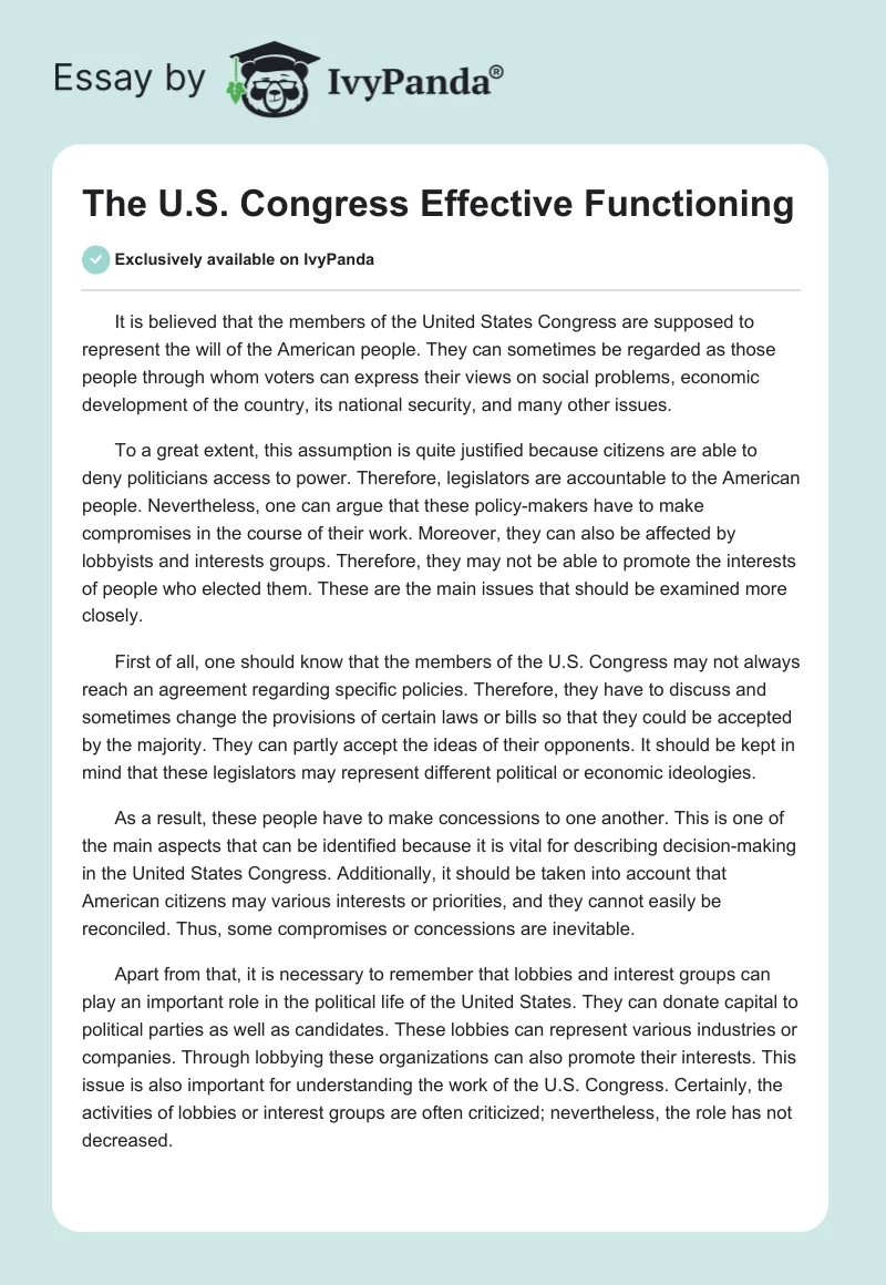 The U.S. Congress Effective Functioning. Page 1