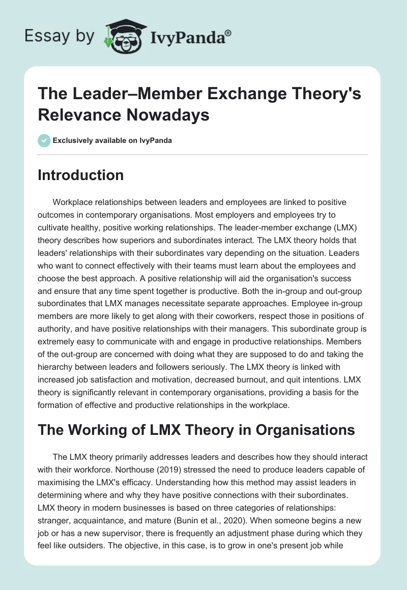 The Leader–Member Exchange Theory's Relevance Nowadays. Page 1