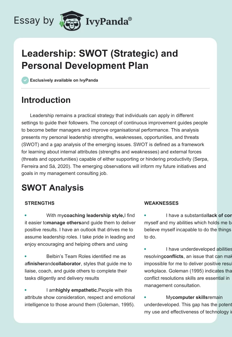 Leadership: SWOT (Strategic) and Personal Development Plan. Page 1