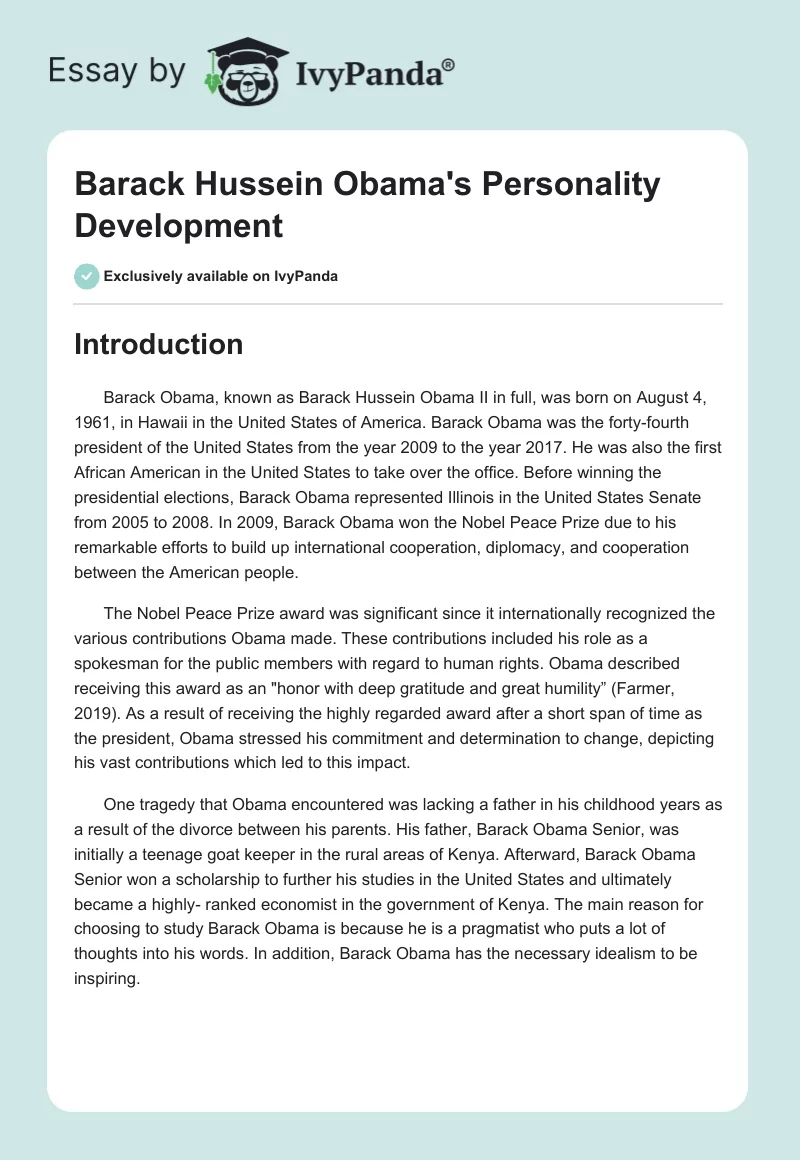 Barack Hussein Obama's Personality Development. Page 1
