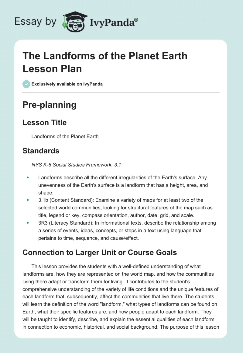 The Landforms of the Planet Earth Lesson Plan. Page 1