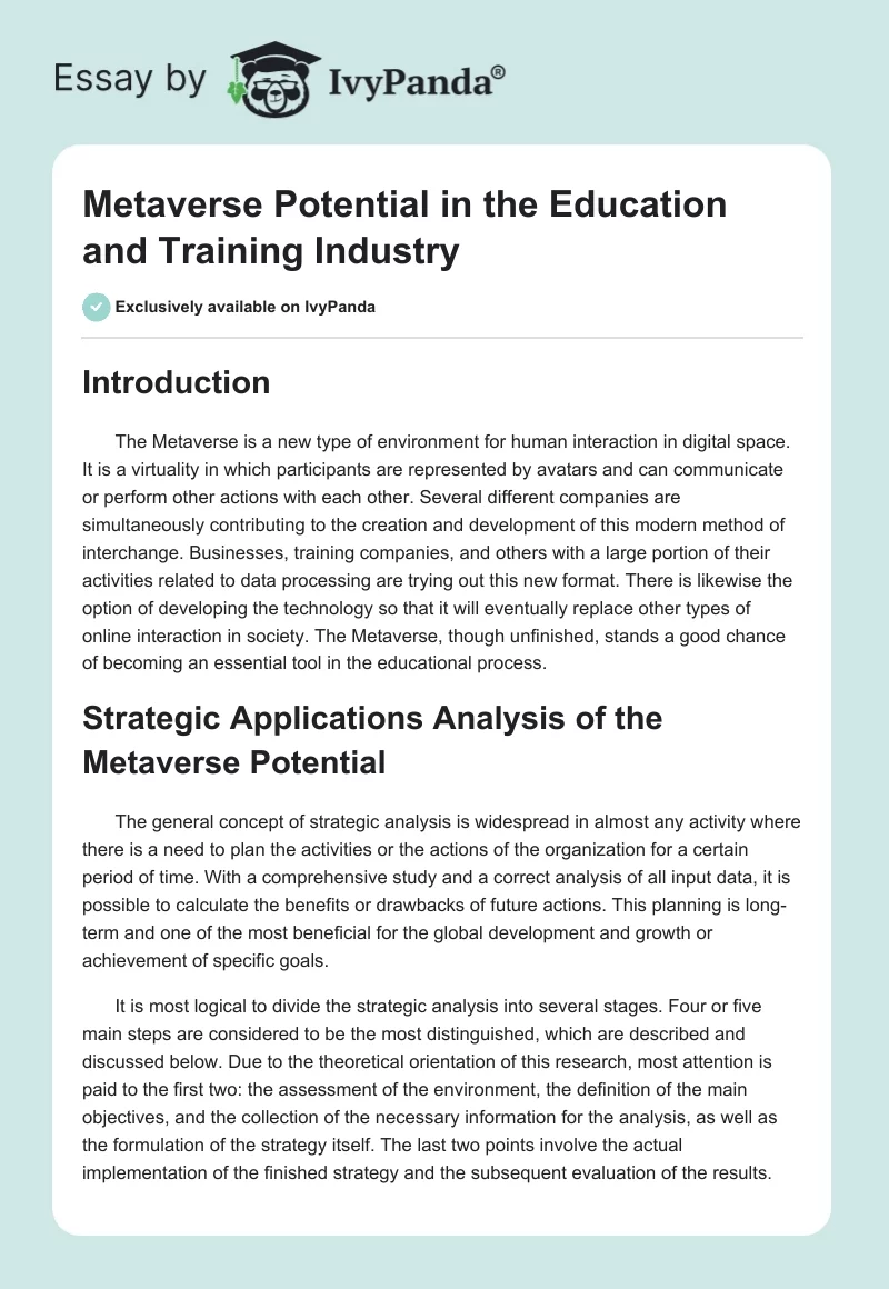 Metaverse Potential in the Education and Training Industry. Page 1