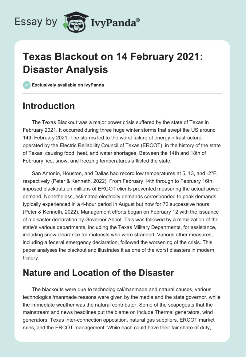 Texas Blackout on 14 February 2021: Disaster Analysis. Page 1