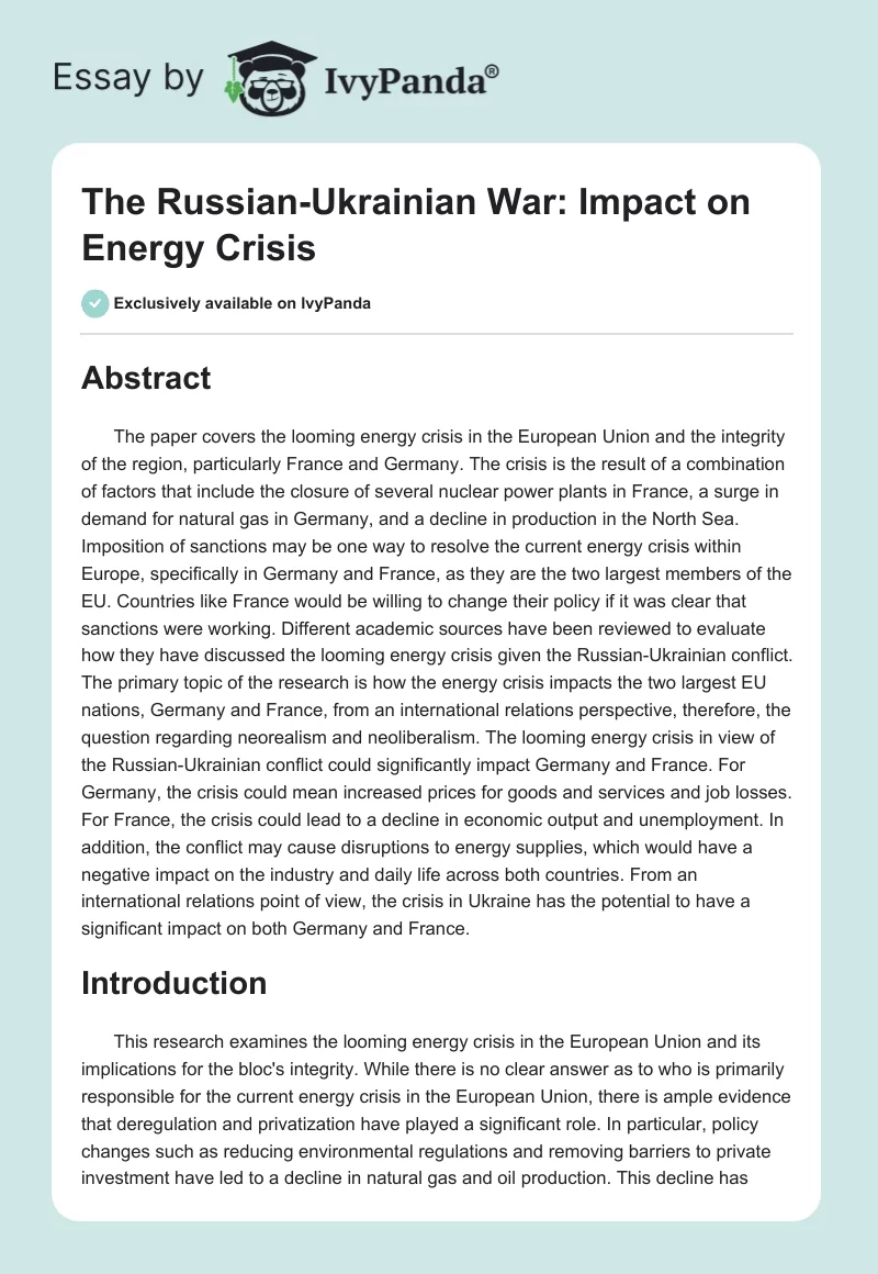 The Russian-Ukrainian War: Impact on Energy Crisis. Page 1