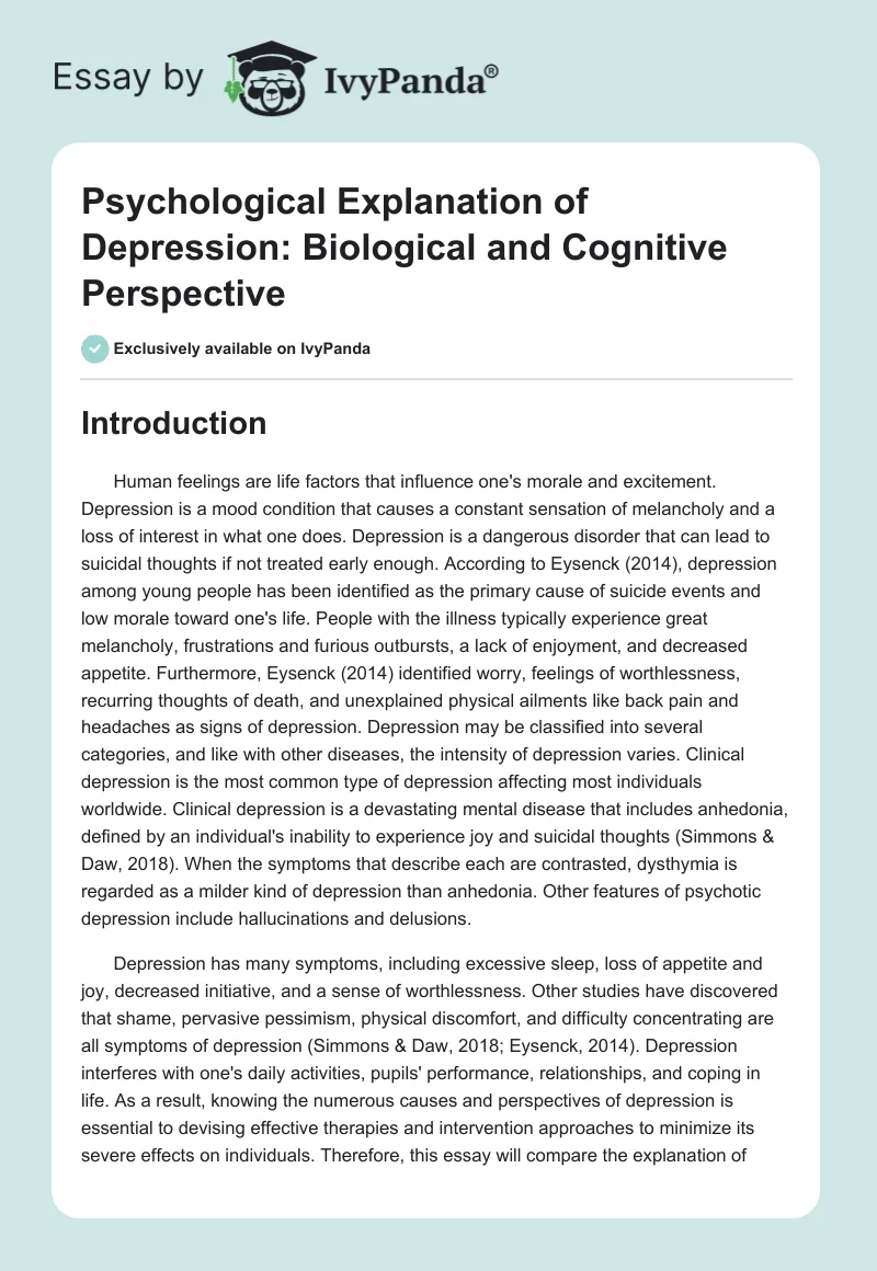 Psychological Explanation of Depression: Biological and Cognitive Perspective. Page 1
