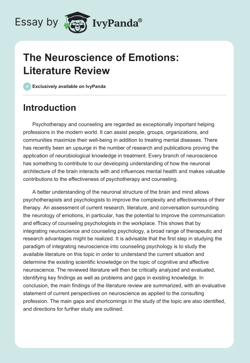 The Neuroscience of Emotions: Literature Review. Page 1