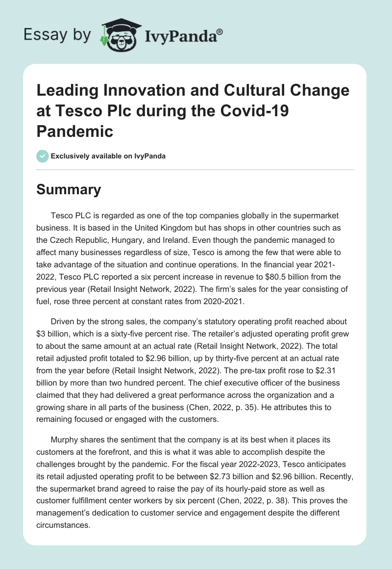 Leading Innovation and Cultural Change at Tesco Plc during the Covid-19 Pandemic. Page 1
