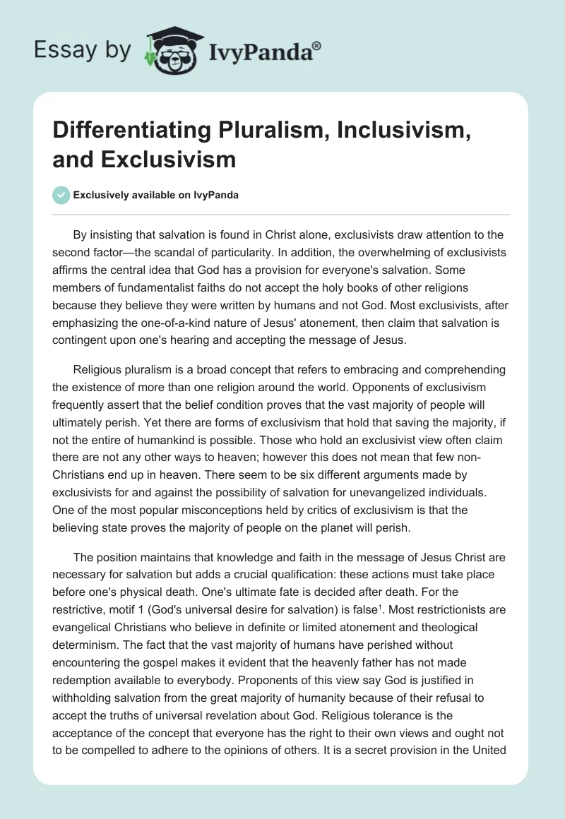 Differentiating Pluralism, Inclusivism, and Exclusivism. Page 1