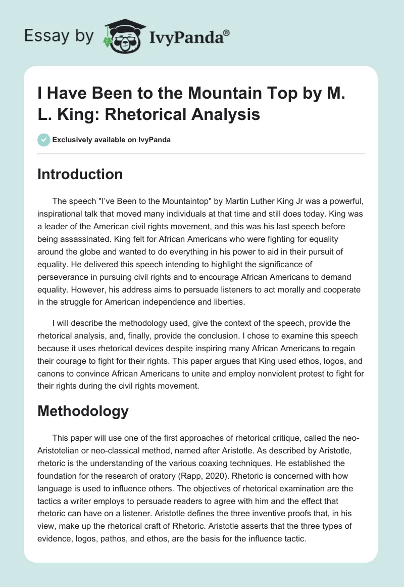 I Have Been to the Mountain Top by M. L. King: Rhetorical Analysis. Page 1