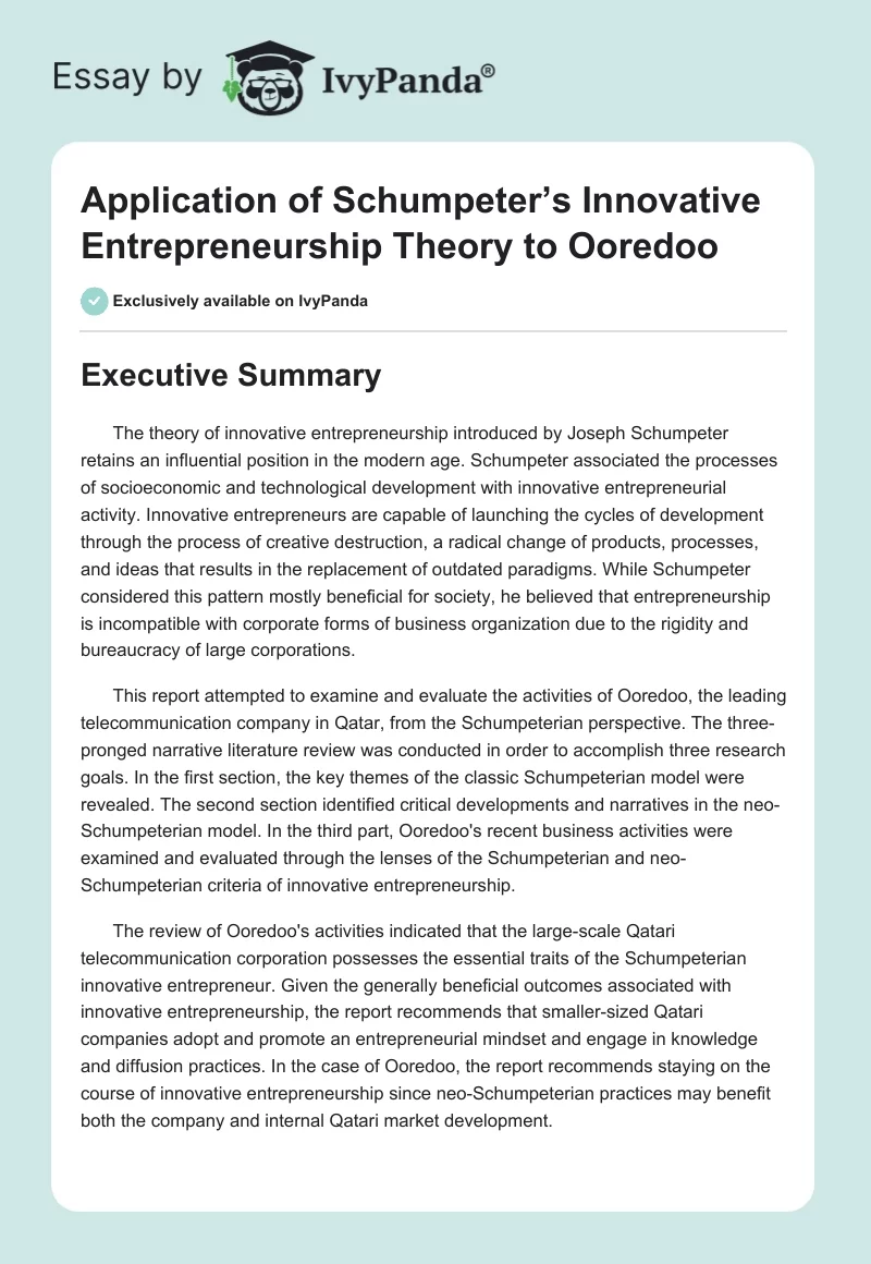Application of Schumpeter’s Innovative Entrepreneurship Theory to Ooredoo. Page 1