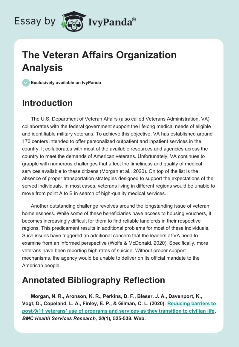 The Veteran Affairs Organization Analysis. Page 1