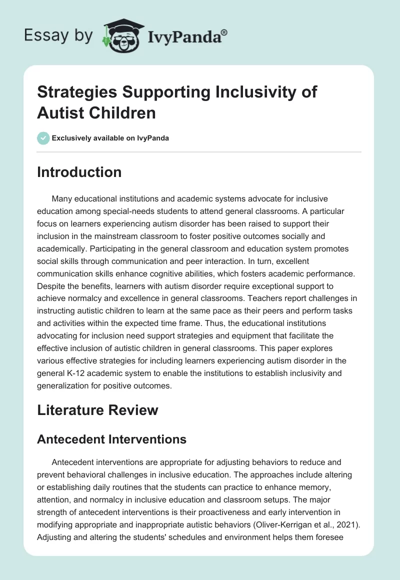 Strategies Supporting Inclusivity of Autist Children. Page 1