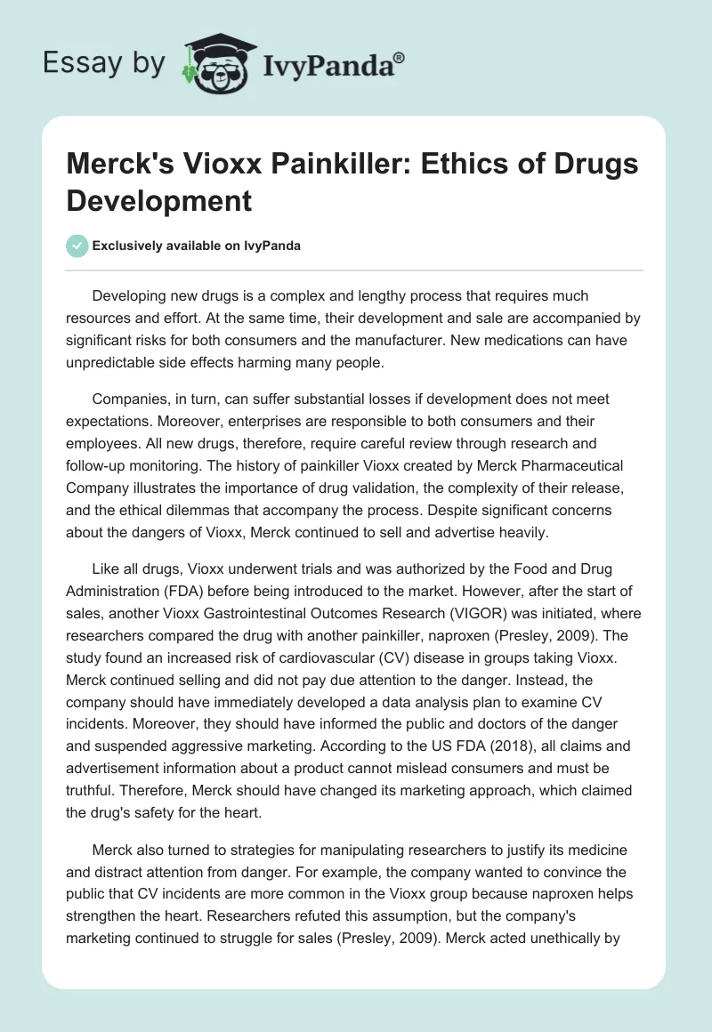 Merck's Vioxx Painkiller: Ethics of Drugs Development. Page 1