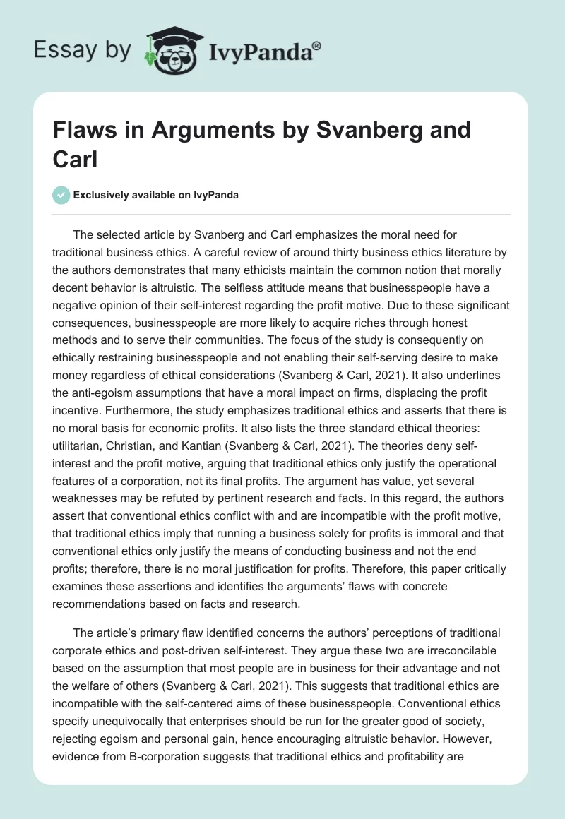 Flaws in Arguments by Svanberg and Carl. Page 1