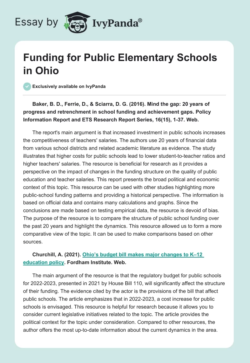 Funding for Public Elementary Schools in Ohio. Page 1