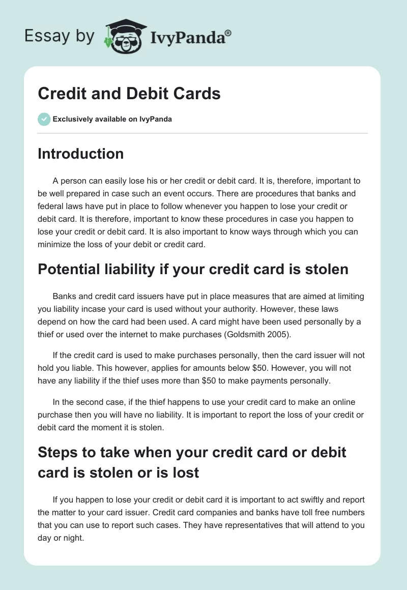Credit and Debit Cards. Page 1