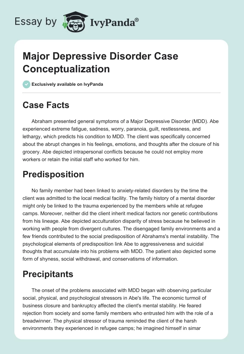 Major Depressive Disorder Case Conceptualization. Page 1