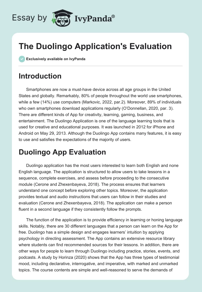 The Duolingo Application's Evaluation. Page 1