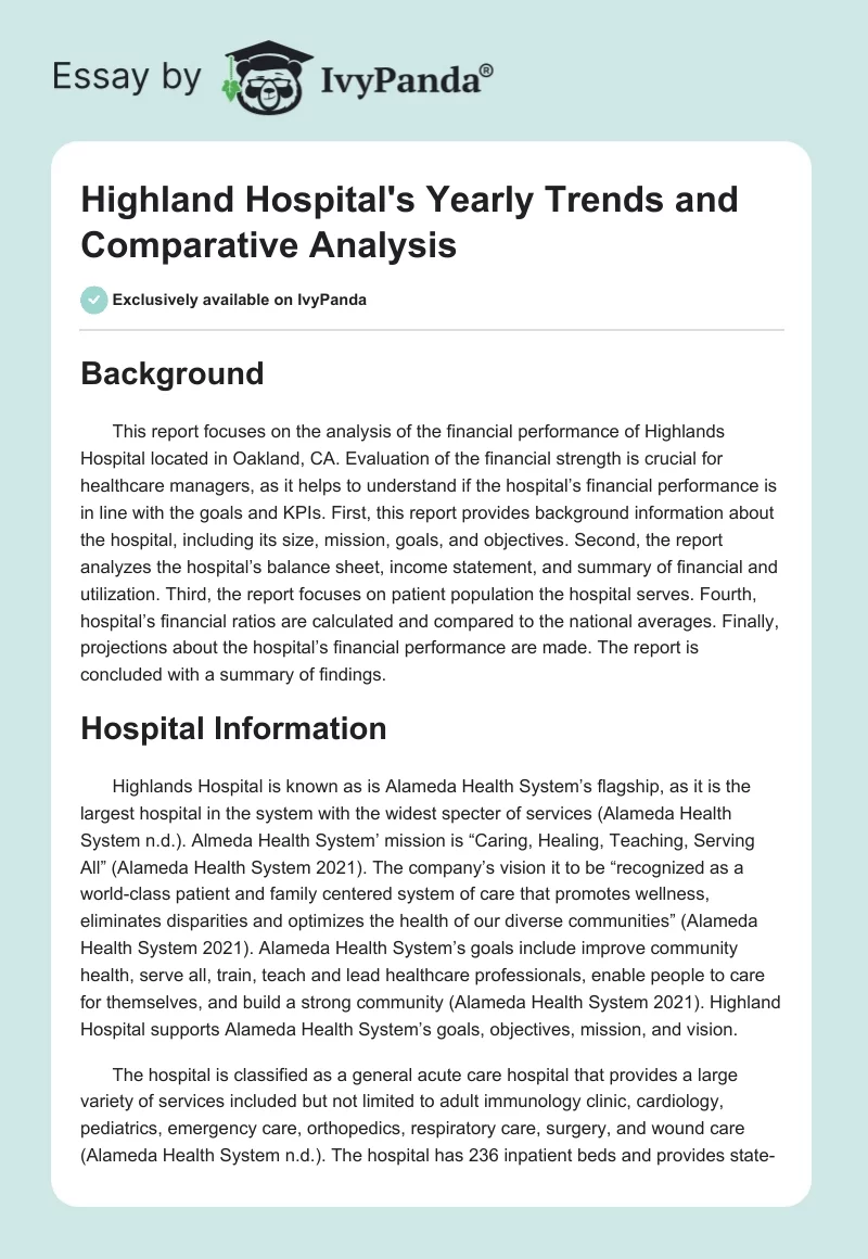 Highland Hospital's Yearly Trends and Comparative Analysis. Page 1