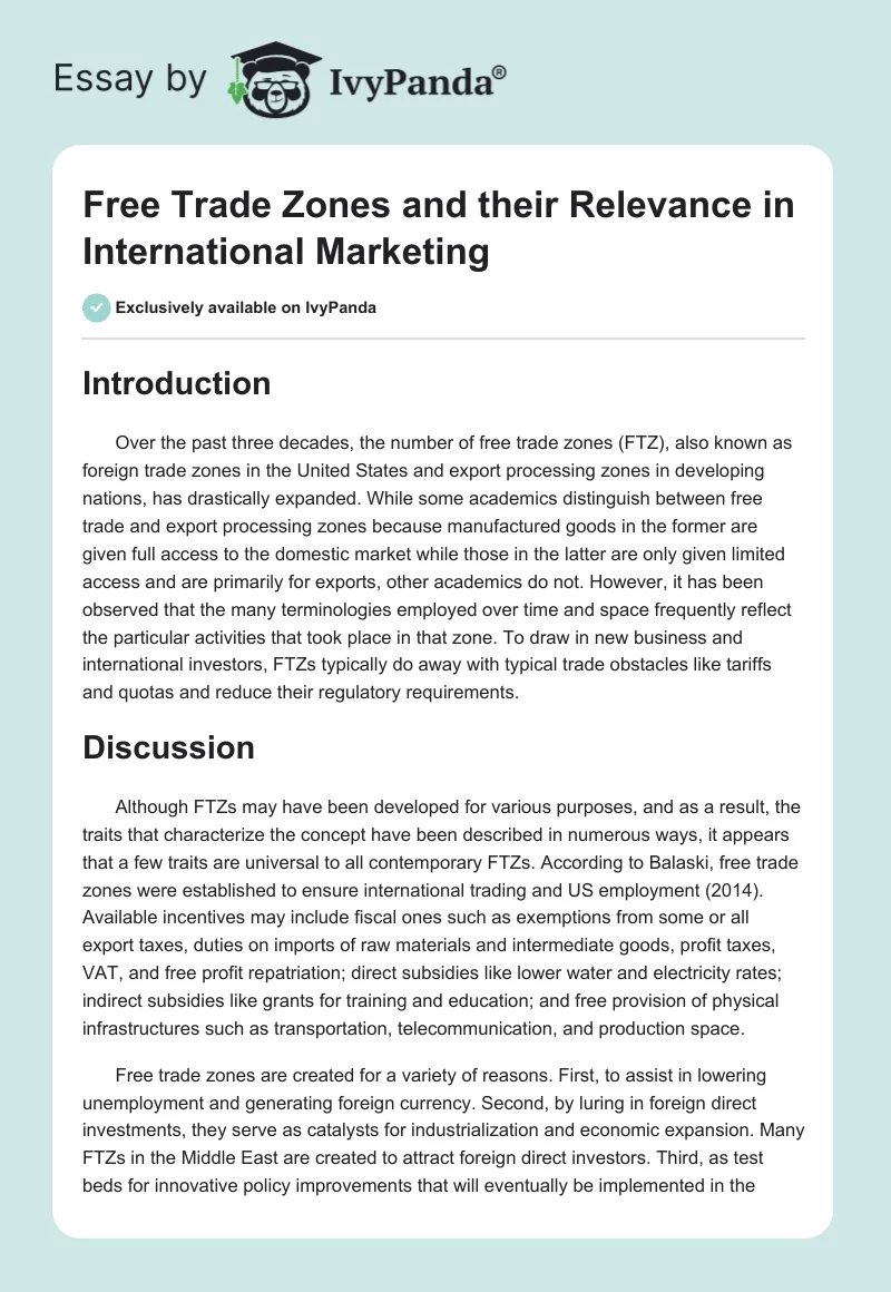 Free Trade Zones and their Relevance in International Marketing. Page 1
