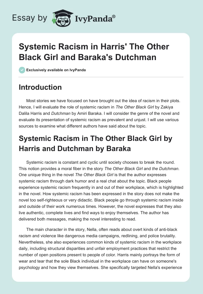 Systemic Racism in Harris' The Other Black Girl and Baraka's Dutchman. Page 1