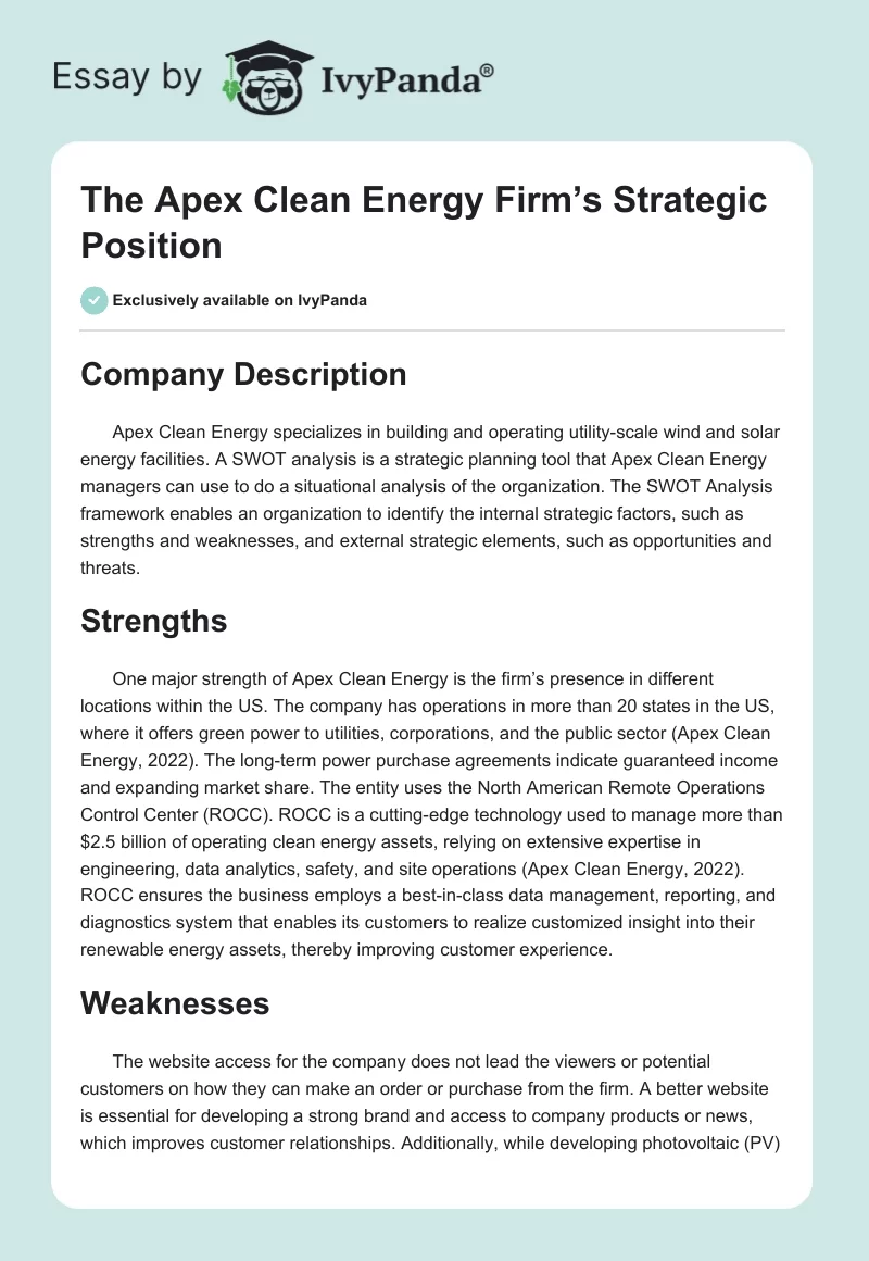 The Apex Clean Energy Firm’s Strategic Position. Page 1