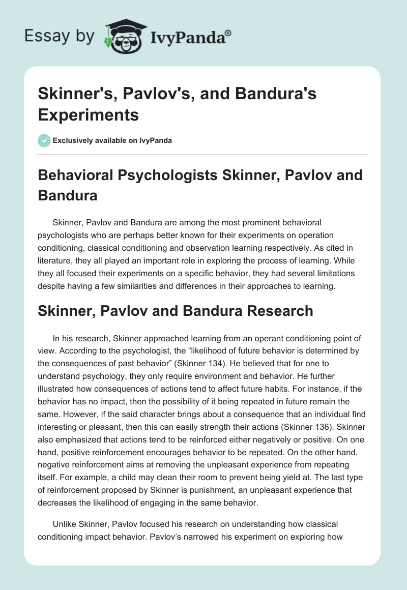 Skinner's, Pavlov's, and Bandura's Experiments. Page 1