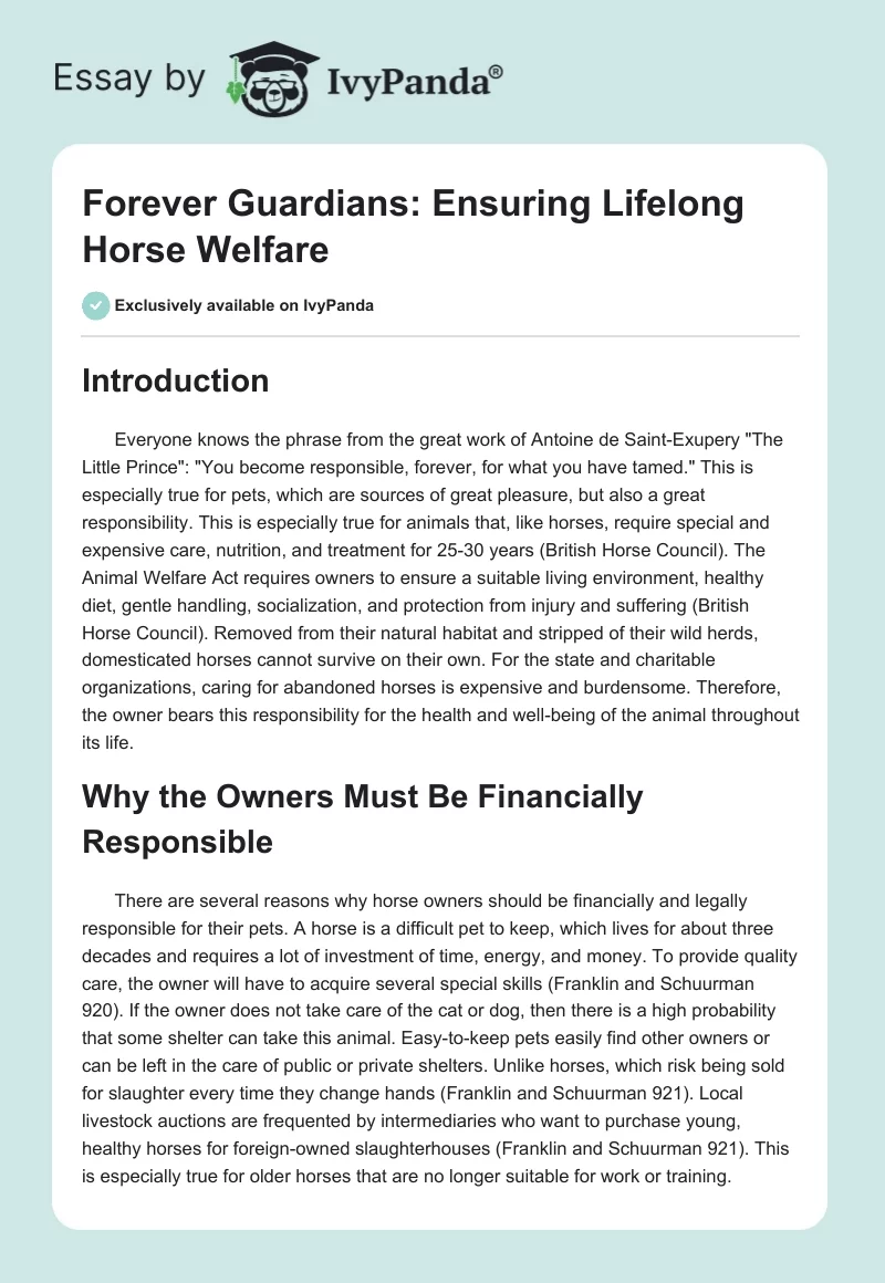 Forever Guardians: Ensuring Lifelong Horse Welfare. Page 1