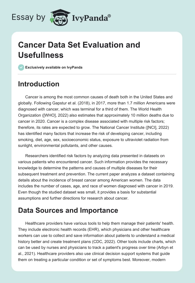 Cancer Data Set Evaluation and Usefullness. Page 1
