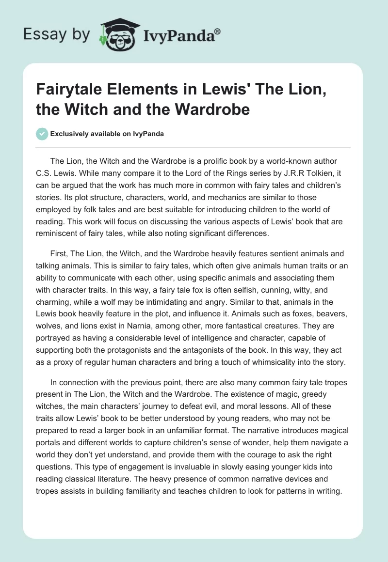 Fairytale Elements in Lewis' The Lion, the Witch and the Wardrobe. Page 1