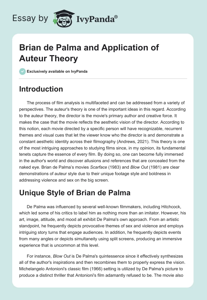 Brian de Palma and Application of Auteur Theory. Page 1