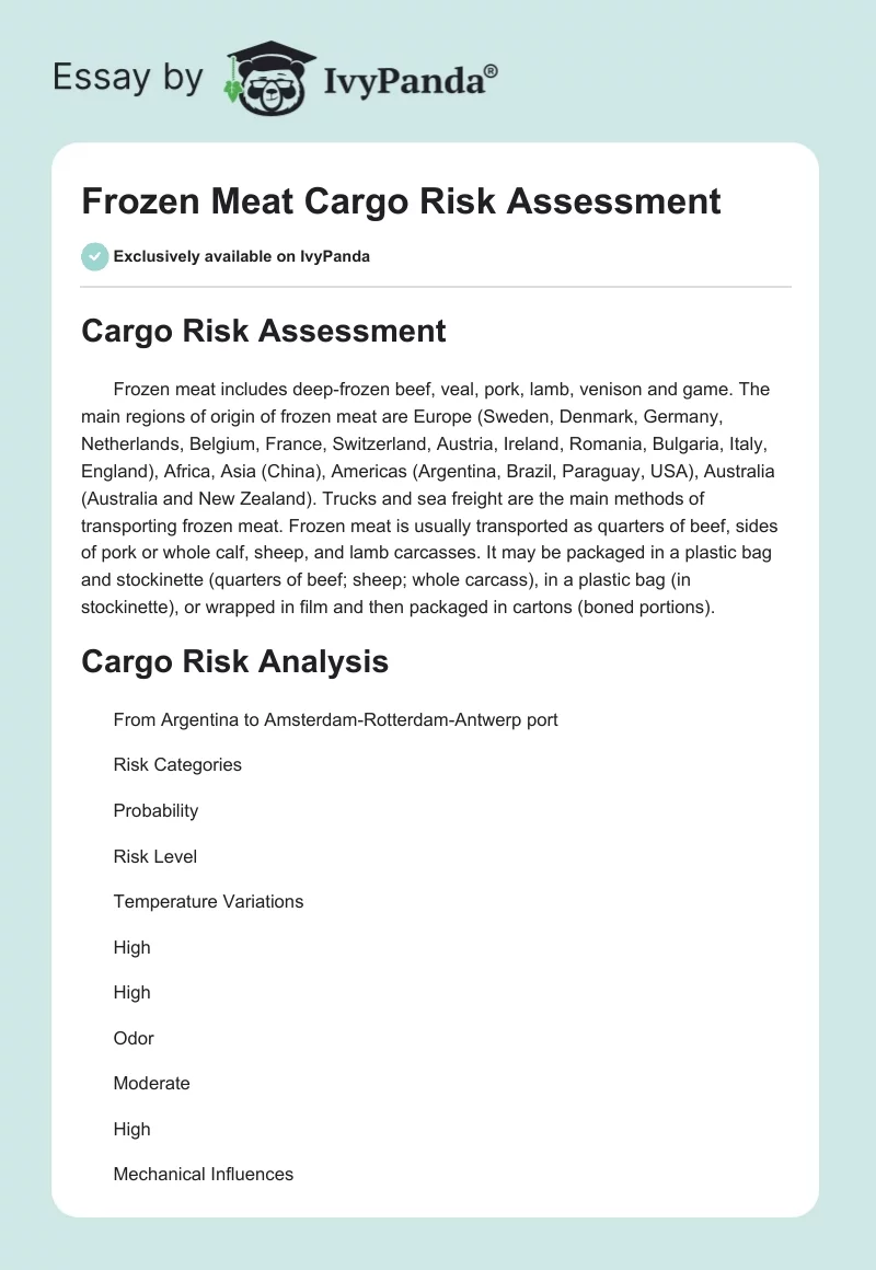 Frozen Meat Cargo Risk Assessment. Page 1