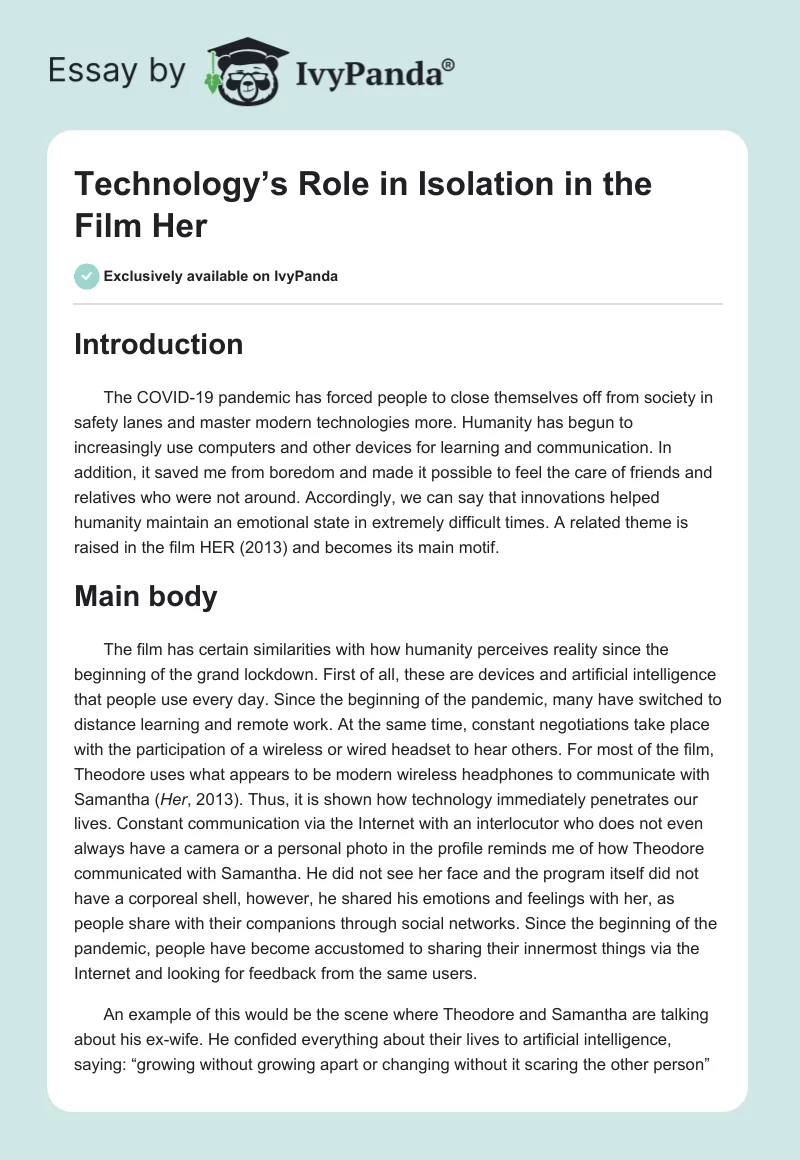 Technology’s Role in Isolation in the Film Her. Page 1