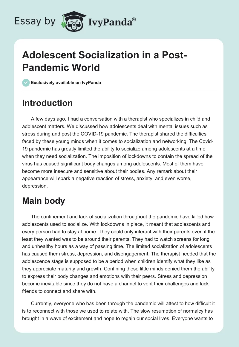Adolescent Socialization in a Post-Pandemic World. Page 1