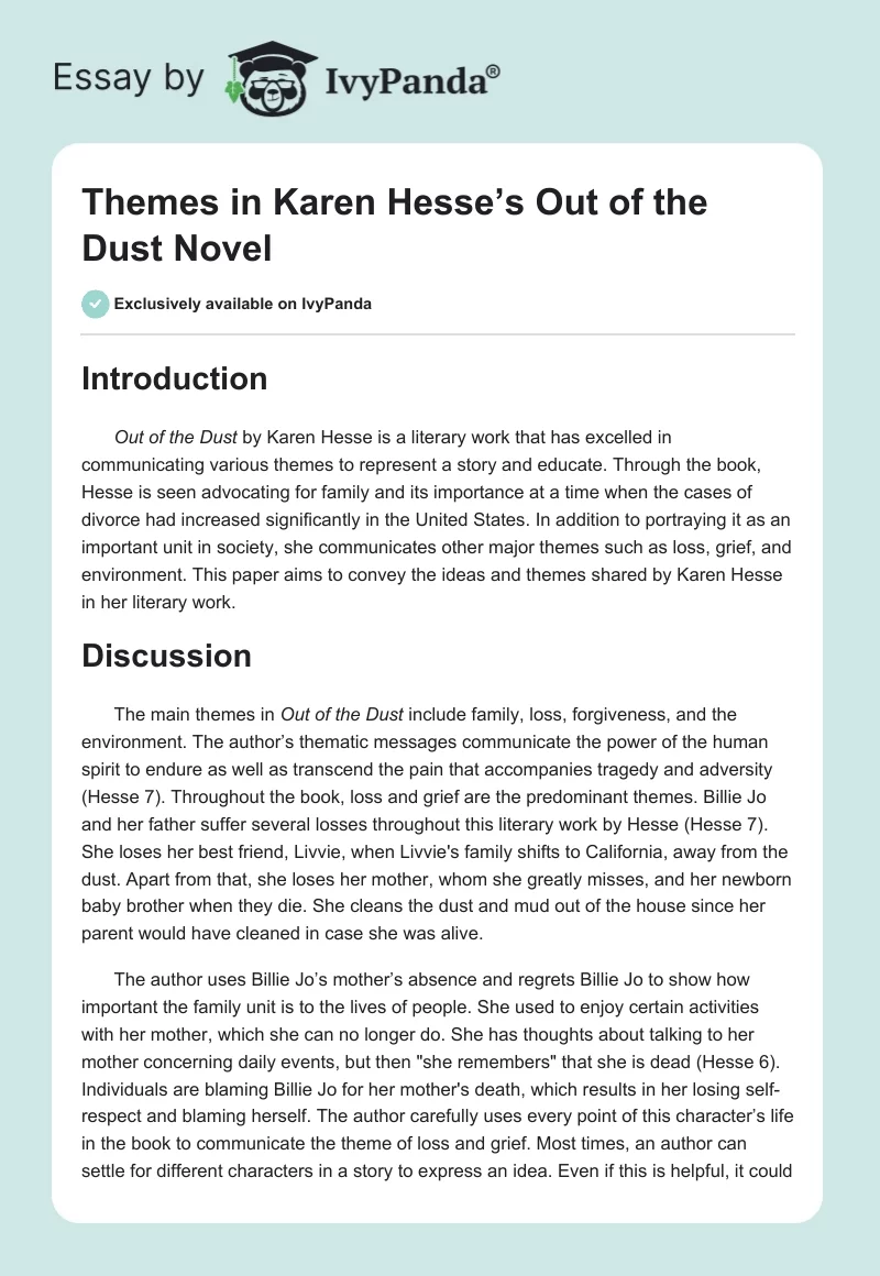 Themes in Karen Hesse’s Out of the Dust Novel. Page 1