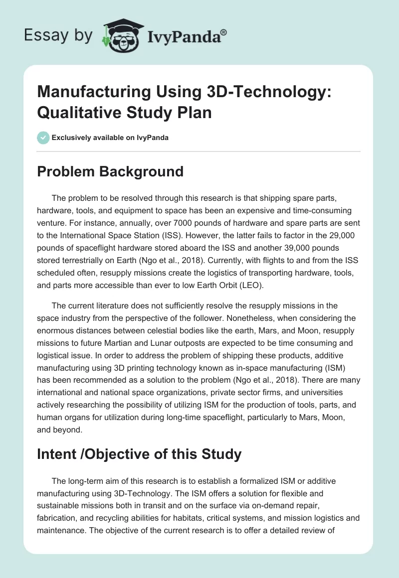 Manufacturing Using 3D-Technology: Qualitative Study Plan. Page 1