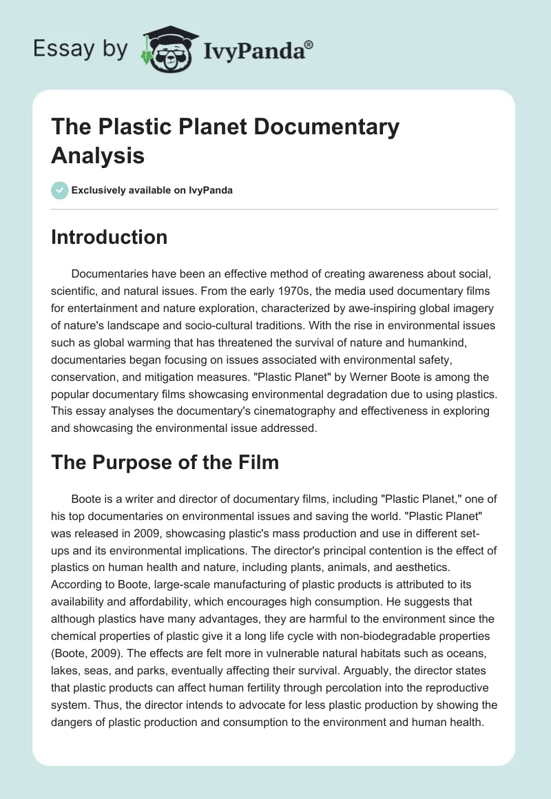 The Plastic Planet Documentary Analysis. Page 1
