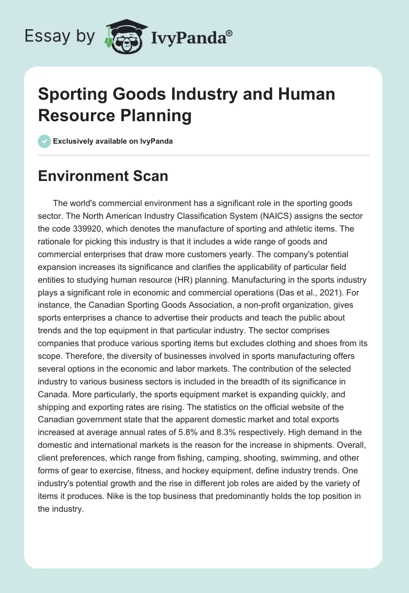 Sporting Goods Industry and Human Resource Planning. Page 1