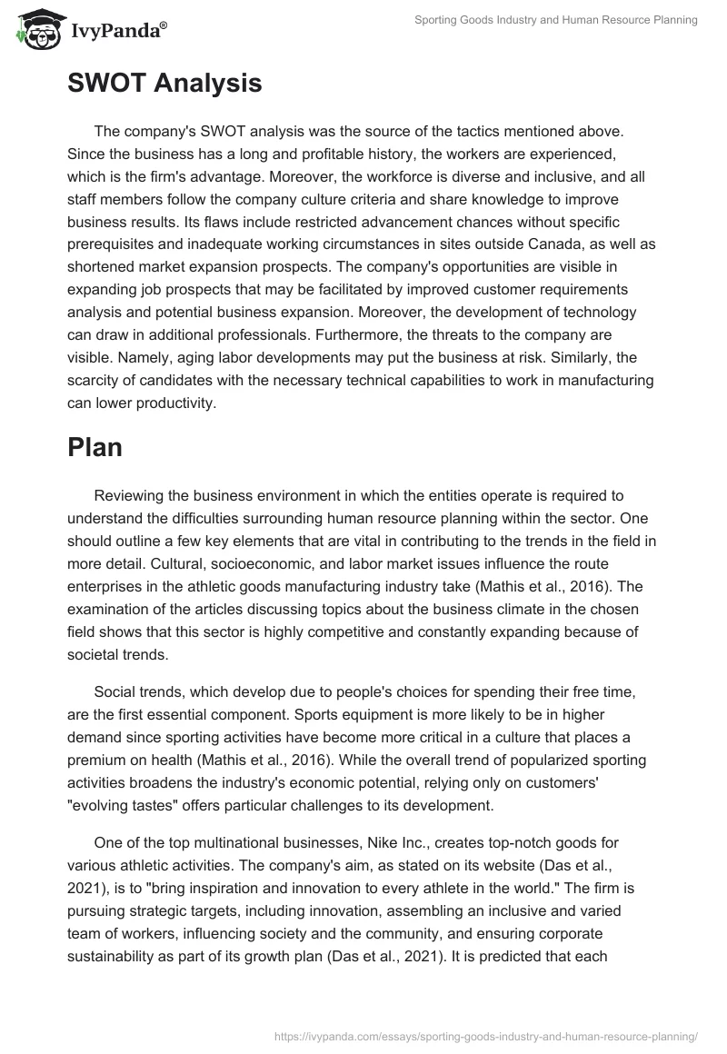 Sporting Goods Industry and Human Resource Planning. Page 2