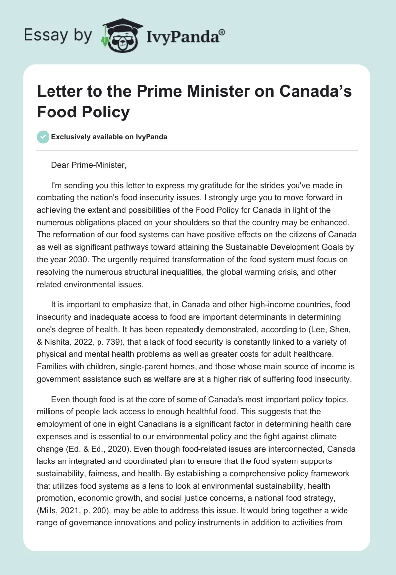 Letter to the Prime Minister on Canada’s Food Policy. Page 1