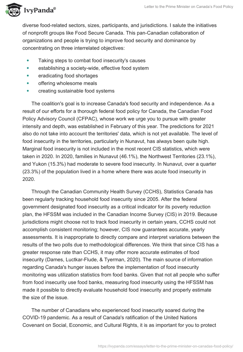 Letter to the Prime Minister on Canada’s Food Policy. Page 2
